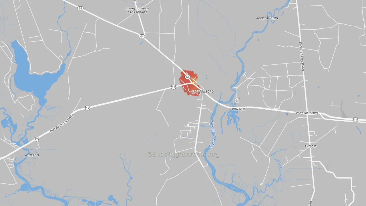 Walk Grade map of Jacksonboro, SC, walkable areas in green and car-dependent areas in red