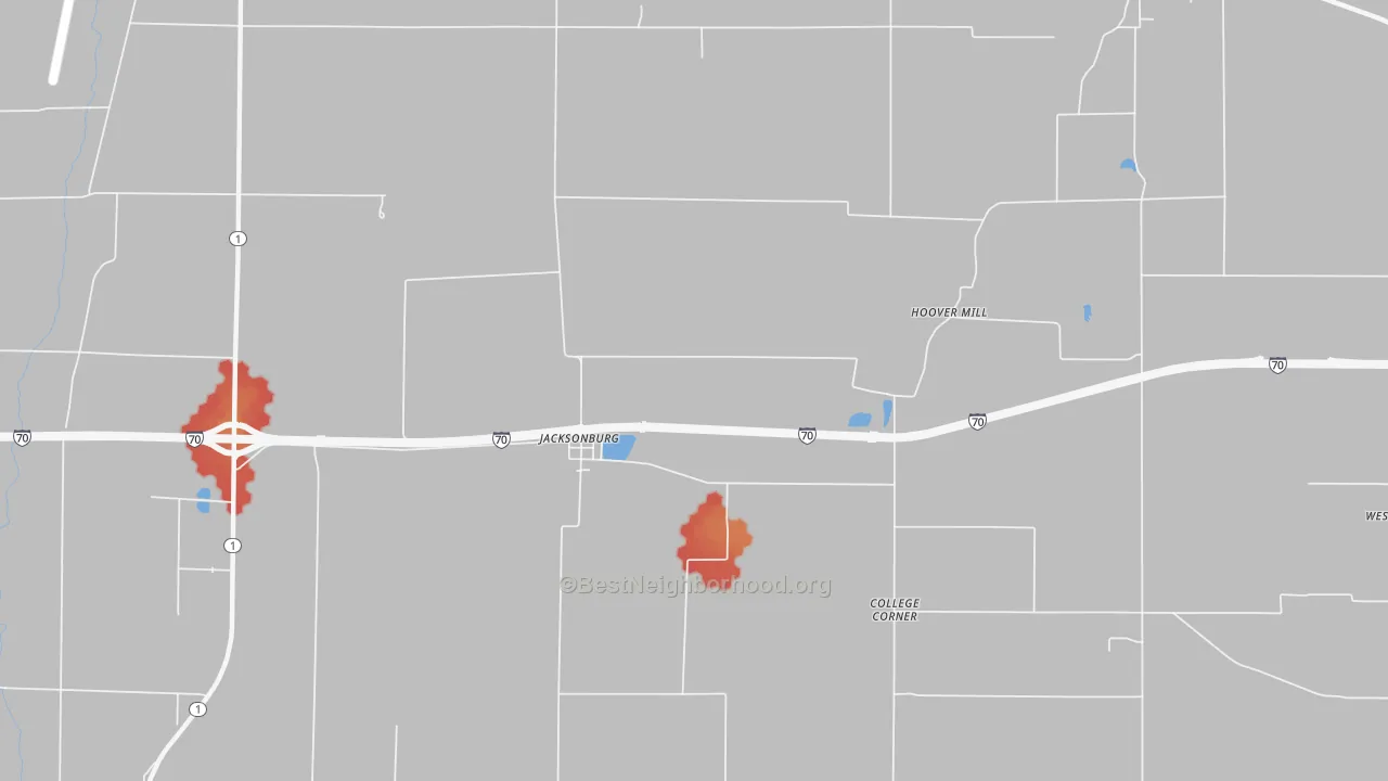 Walk Grade map of Jacksonburg, IN, walkable areas in green and car-dependent areas in red