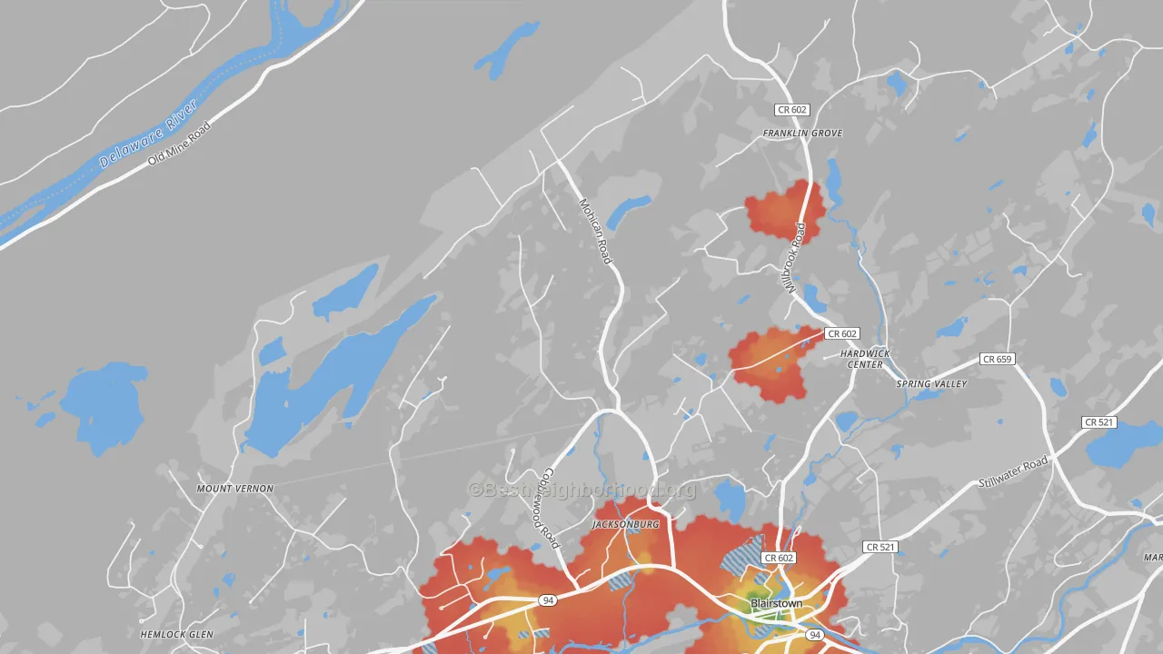 Walk Grade map of Jacksonburg, NJ, walkable areas in green and car-dependent areas in red