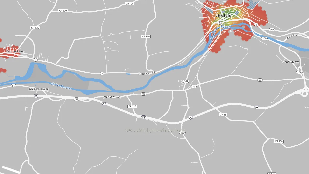 Walk Grade map of Jacksonburg, NY, walkable areas in green and car-dependent areas in red