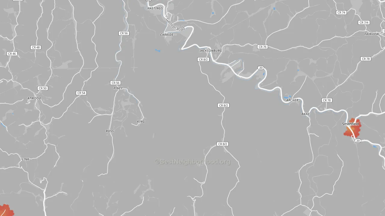 Walk Grade map of Jacksonburg, WV, walkable areas in green and car-dependent areas in red
