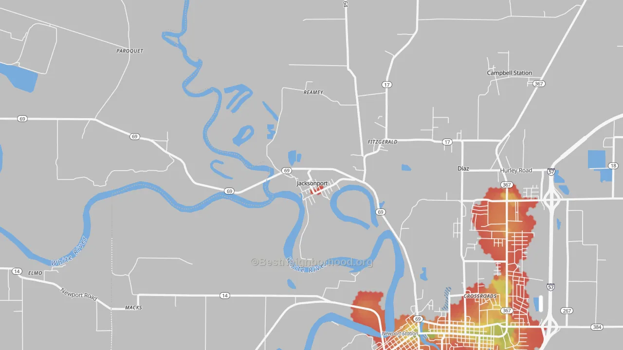 Walk Grade map of Jacksonport, AR, walkable areas in green and car-dependent areas in red