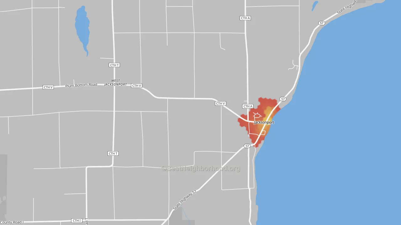 Walk Grade map of Jacksonport, WI, walkable areas in green and car-dependent areas in red