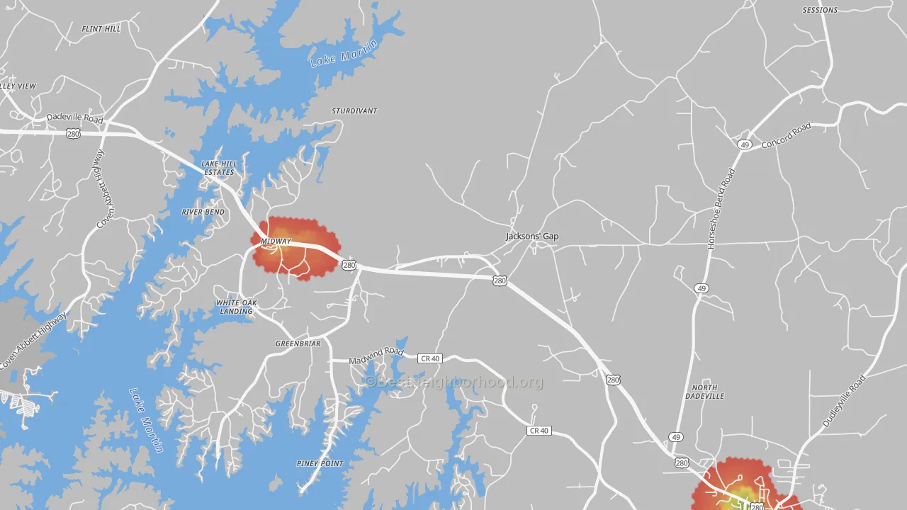 Walk Grade map of Jacksons' Gap, AL, walkable areas in green and car-dependent areas in red