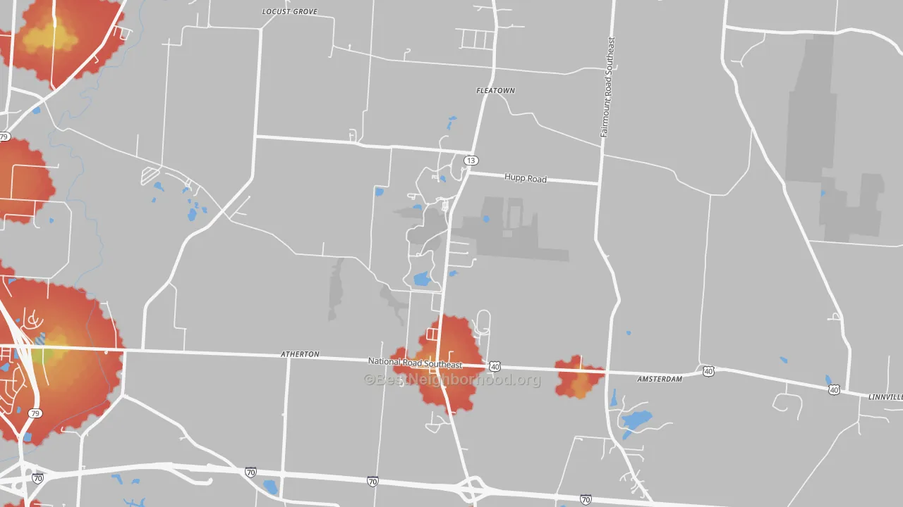 Walk Grade map of Jacksontown, OH, walkable areas in green and car-dependent areas in red