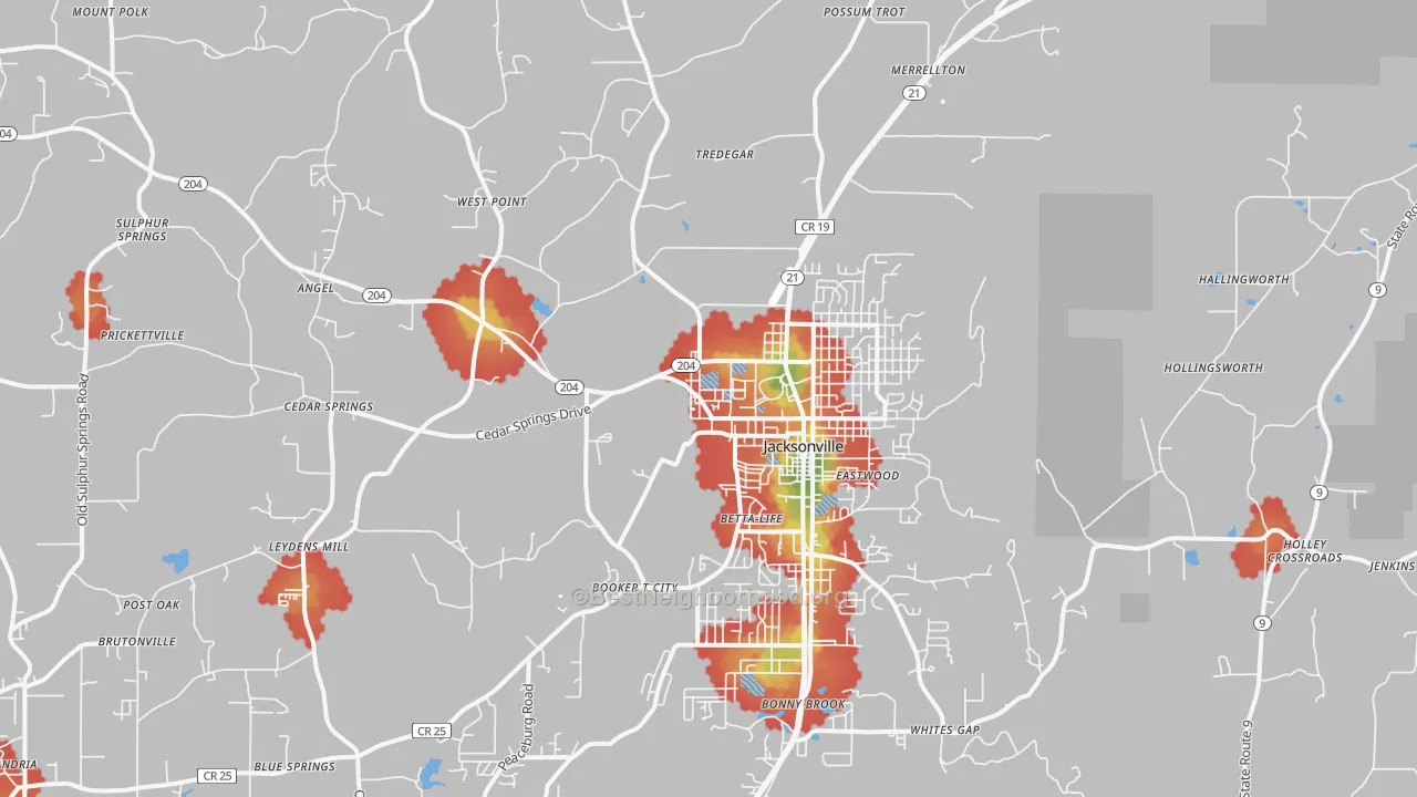 Walk Grade map of Jacksonville, AL, walkable areas in green and car-dependent areas in red