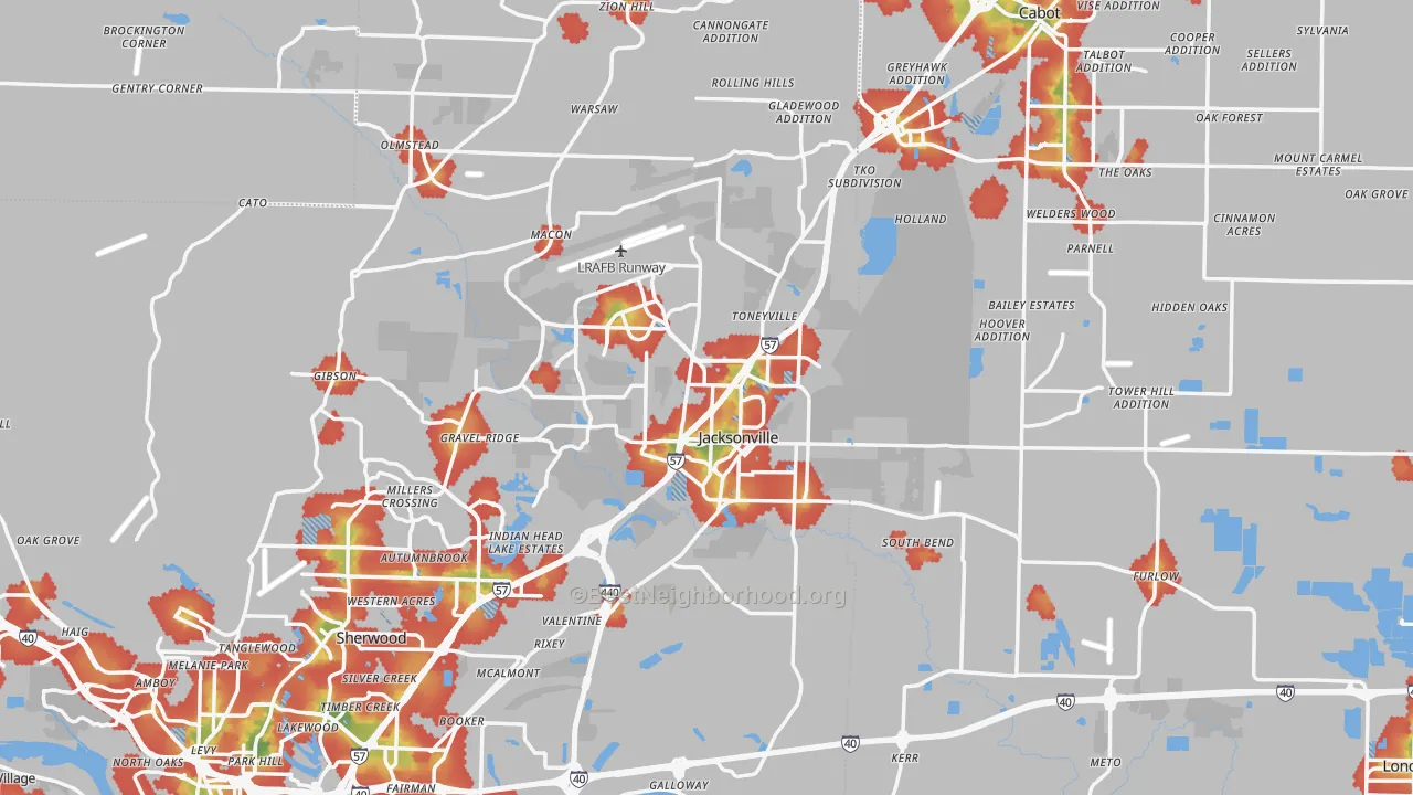 Walk Grade map of Jacksonville, AR, walkable areas in green and car-dependent areas in red