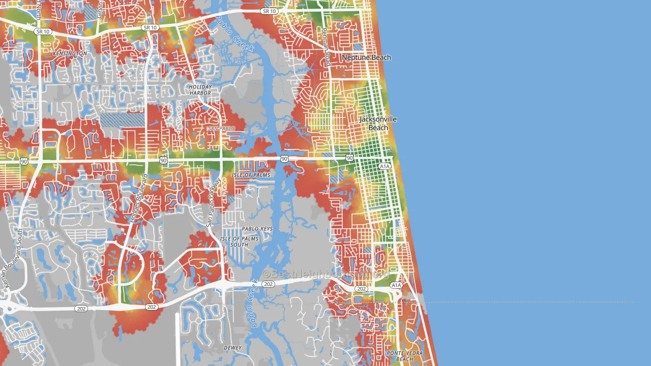 Walk Grade map of Jacksonville Beach, FL, walkable areas in green and car-dependent areas in red