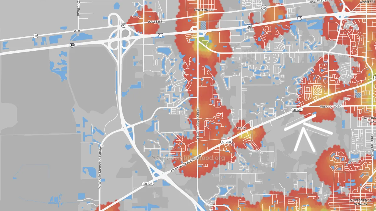Walk Grade map of Jacksonville Farms-Terrace, Jacksonville, FL, walkable areas in green and car-dependent areas in red
