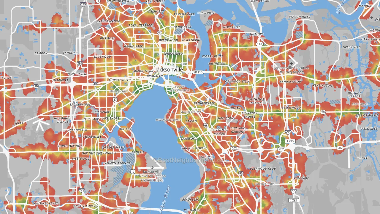Walk Grade map of Jacksonville, FL, walkable areas in green and car-dependent areas in red