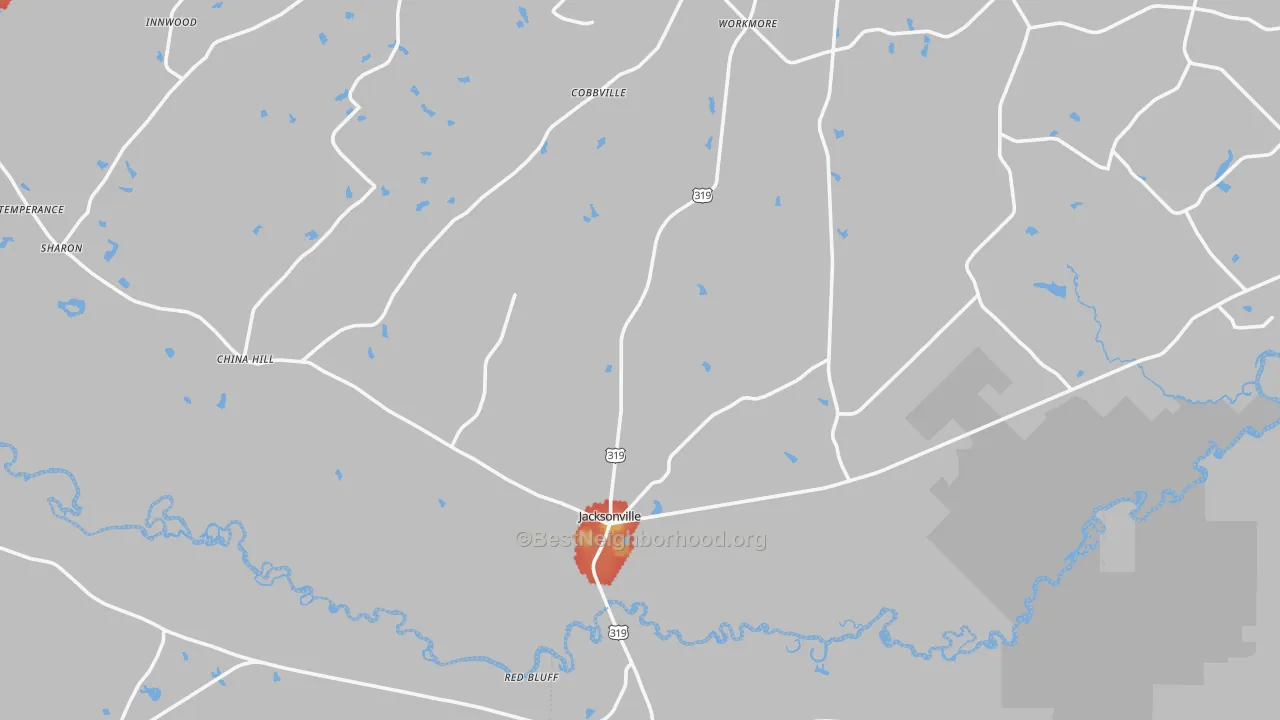 Walk Grade map of Jacksonville, GA, walkable areas in green and car-dependent areas in red