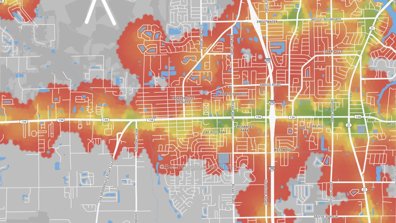 Walk Grade map of Jacksonville Heights, Jacksonville, FL, walkable areas in green and car-dependent areas in red