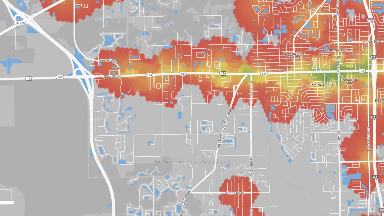 Walk Grade map of Jacksonville Heights South, Jacksonville, FL, walkable areas in green and car-dependent areas in red