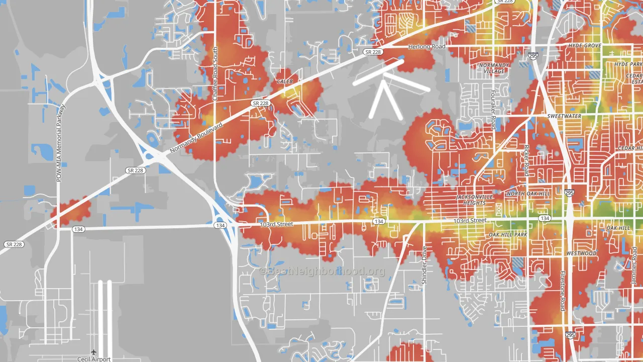 Walk Grade map of Jacksonville Heights West, Jacksonville, FL, walkable areas in green and car-dependent areas in red