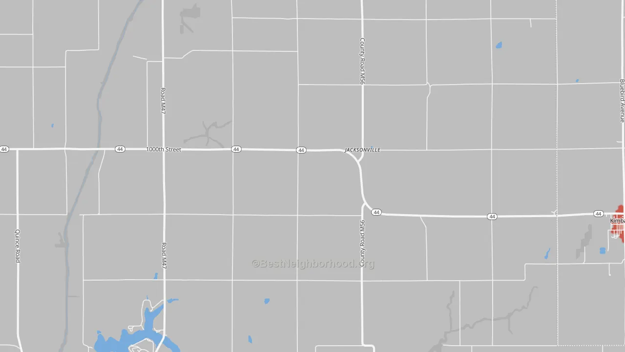 Walk Grade map of Jacksonville, IA, walkable areas in green and car-dependent areas in red