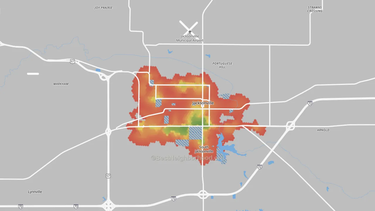 Walk Grade map of Jacksonville, IL, walkable areas in green and car-dependent areas in red