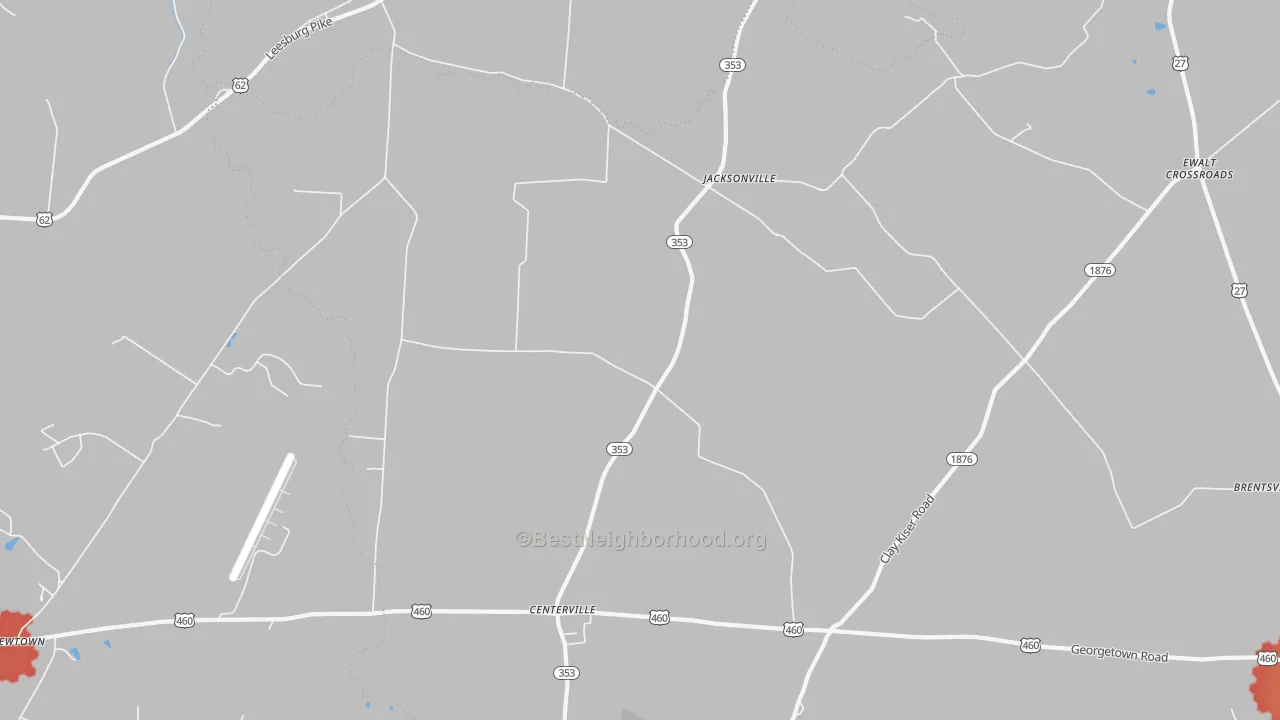 Walk Grade map of Jacksonville, KY, walkable areas in green and car-dependent areas in red