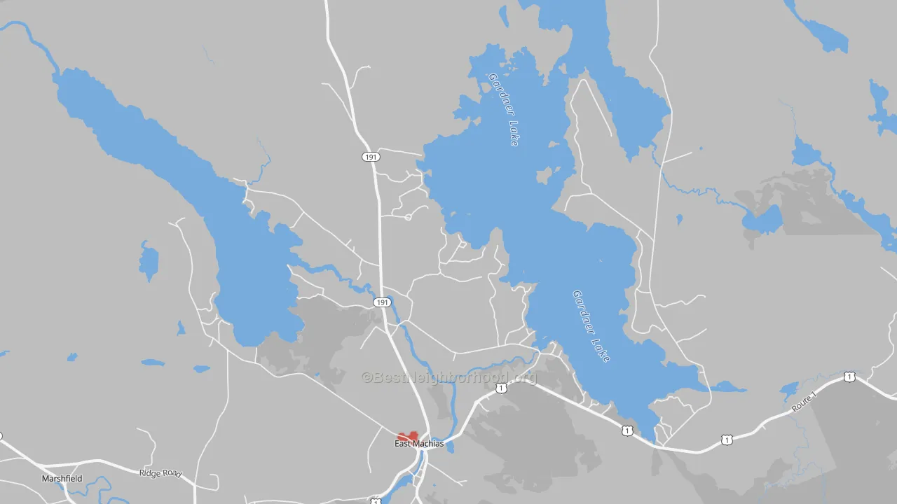 Walk Grade map of Jacksonville, ME, walkable areas in green and car-dependent areas in red