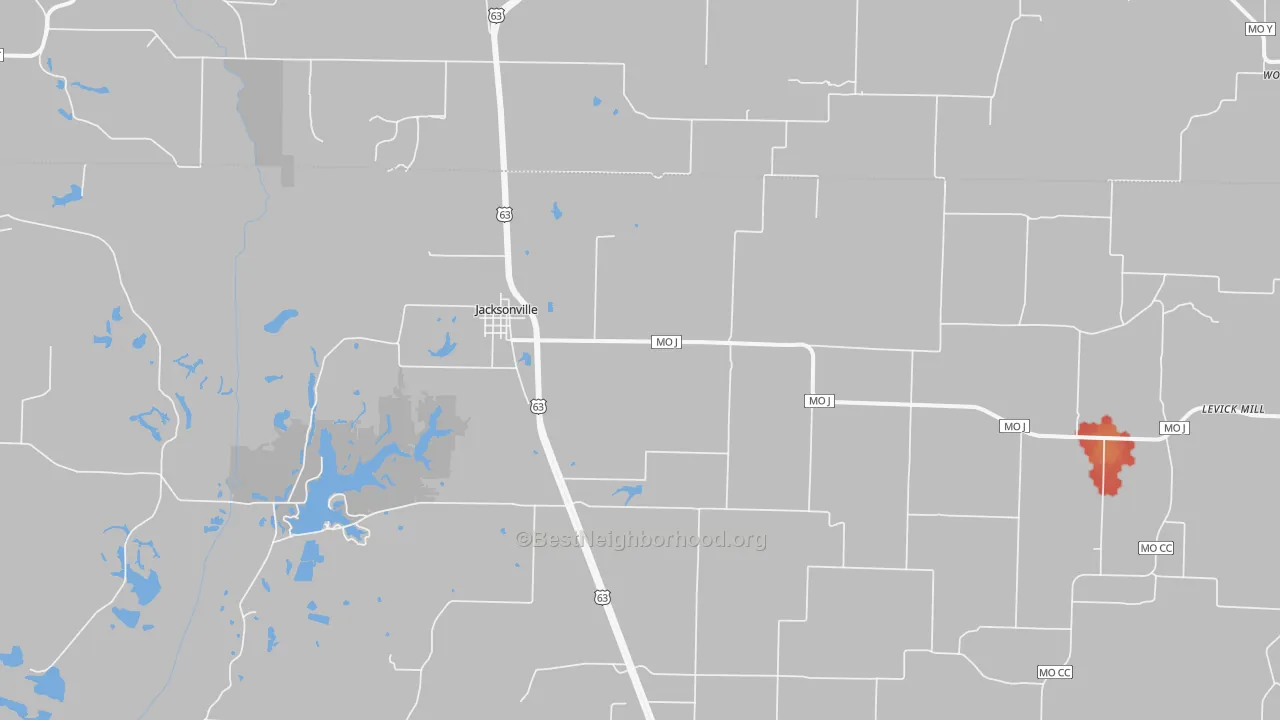 Walk Grade map of Jacksonville, MO, walkable areas in green and car-dependent areas in red