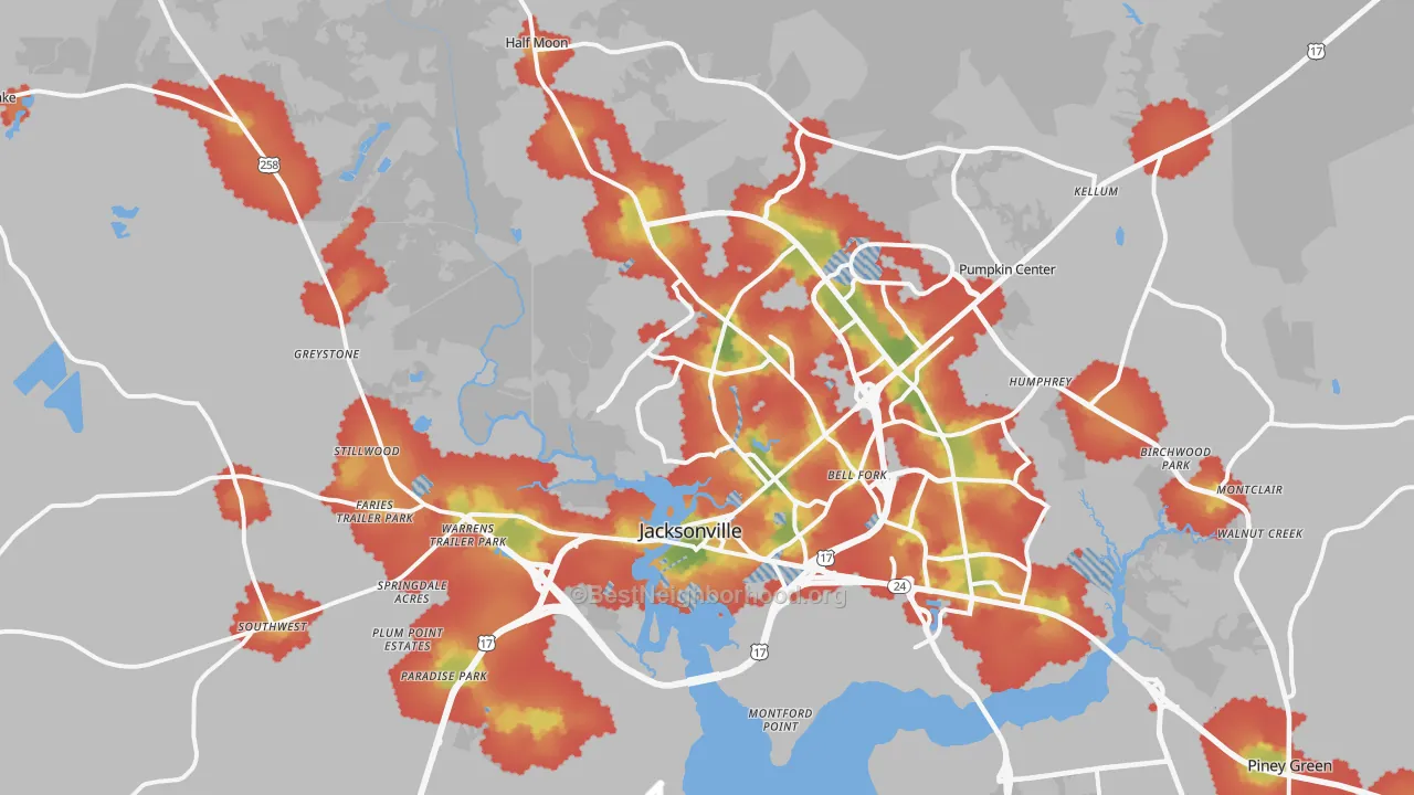 Walk Grade map of Jacksonville, NC, walkable areas in green and car-dependent areas in red