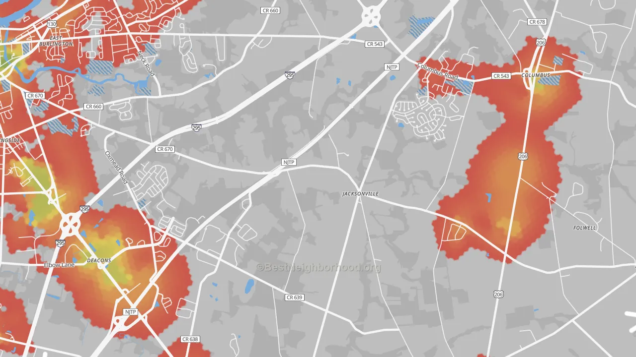 Walk Grade map of Jacksonville, NJ, walkable areas in green and car-dependent areas in red