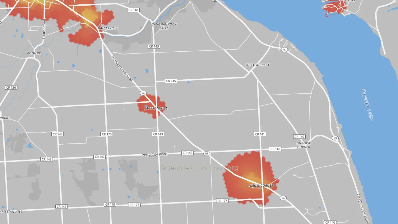Walk Grade map of Jacksonville, NY, walkable areas in green and car-dependent areas in red