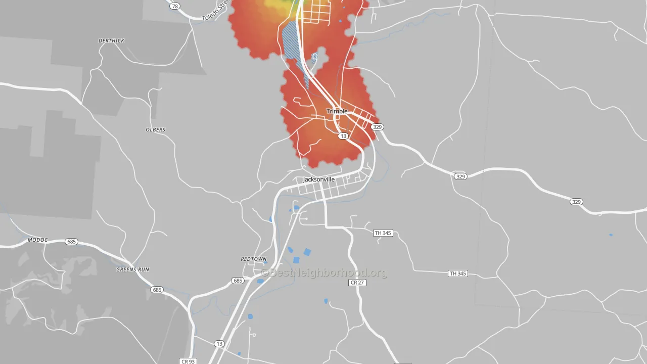 Walk Grade map of Jacksonville, OH, walkable areas in green and car-dependent areas in red