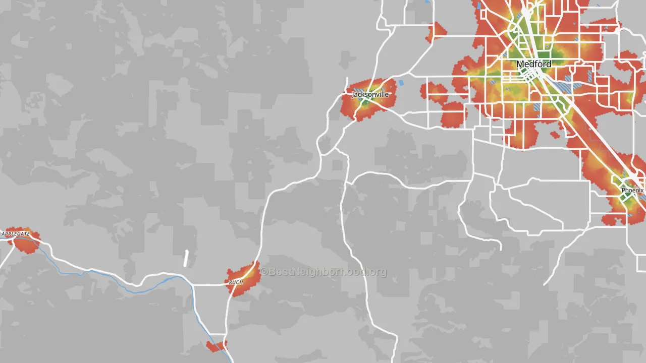 Walk Grade map of Jacksonville, OR, walkable areas in green and car-dependent areas in red