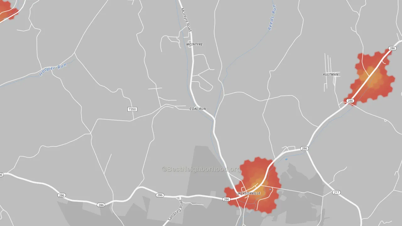 Walk Grade map of Jacksonville, PA, walkable areas in green and car-dependent areas in red