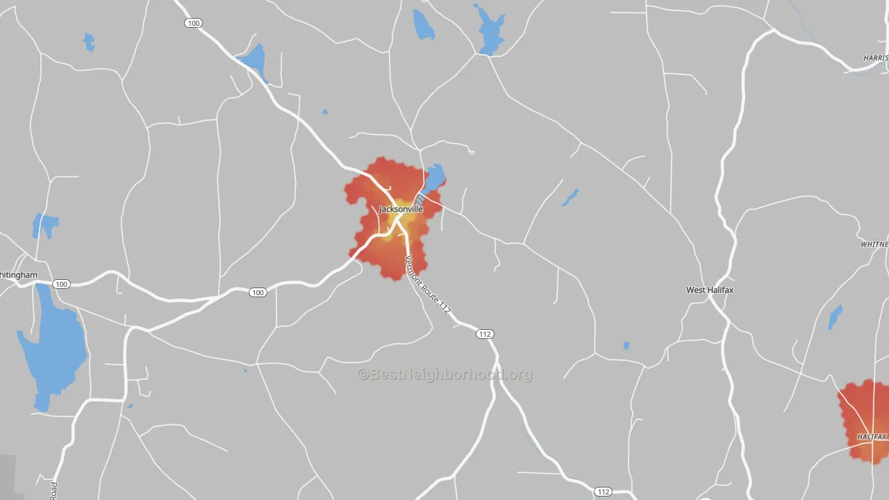 Walk Grade map of Jacksonville, VT, walkable areas in green and car-dependent areas in red