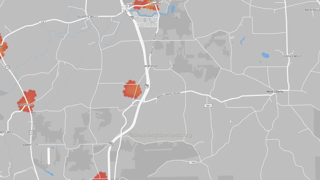 Walk Grade map of Jacksville, PA, walkable areas in green and car-dependent areas in red