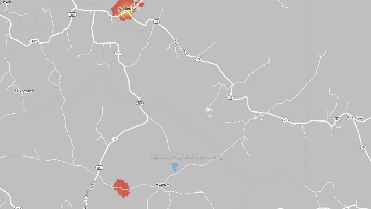 Walk Grade map of Jacktown, KY, walkable areas in green and car-dependent areas in red