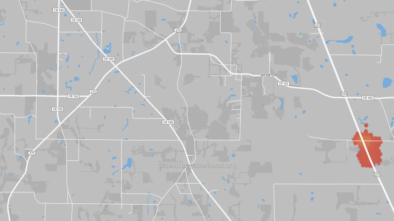Walk Grade map of Jacob City, FL, walkable areas in green and car-dependent areas in red