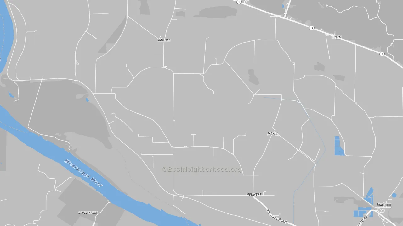 Walk Grade map of Jacob, IL, walkable areas in green and car-dependent areas in red