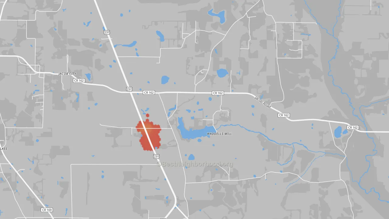 Walk Grade map of Jacobs, FL, walkable areas in green and car-dependent areas in red