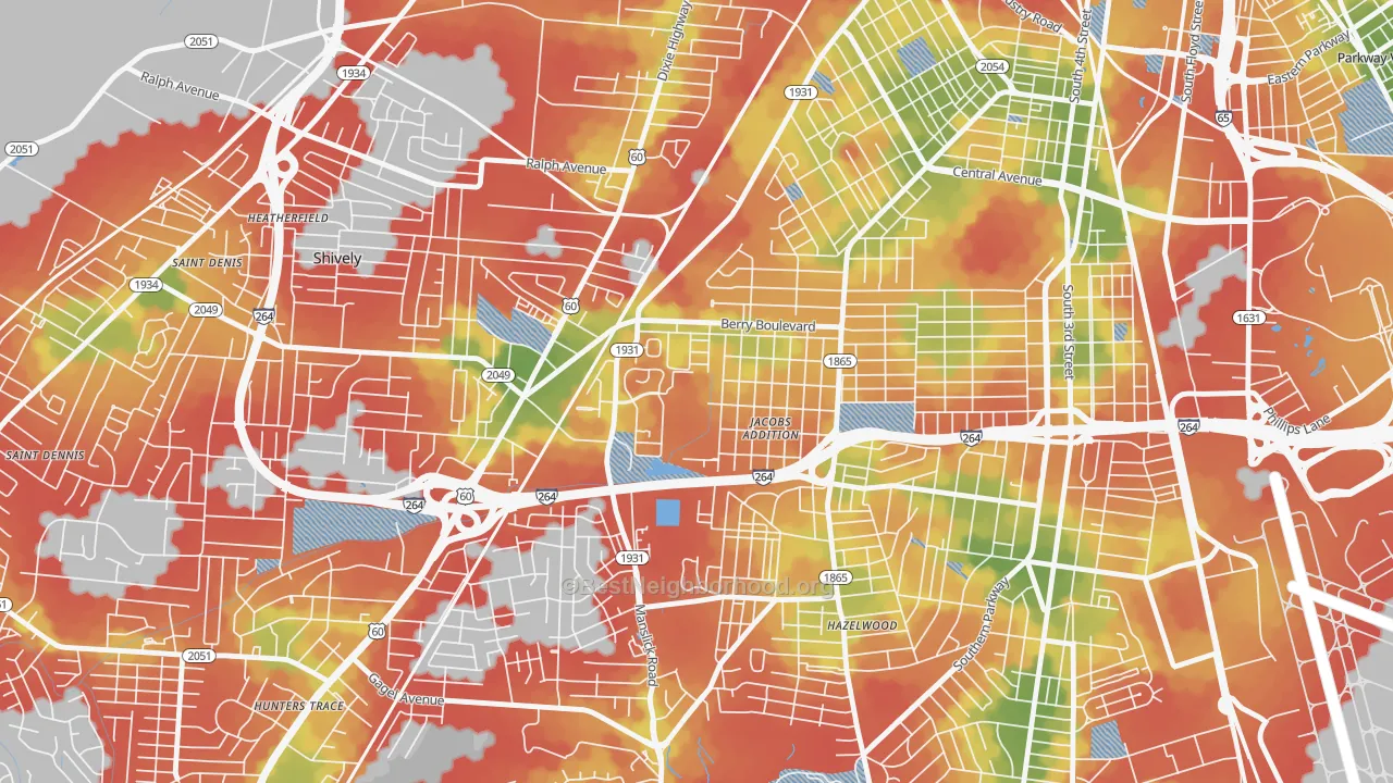 Walk Grade map of Jacobs, Louisville, KY, walkable areas in green and car-dependent areas in red