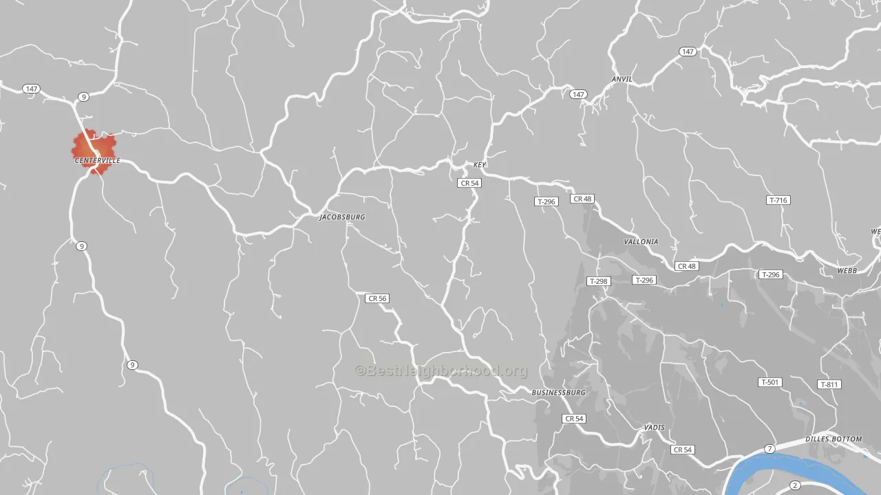 Walk Grade map of Jacobsburg, OH, walkable areas in green and car-dependent areas in red