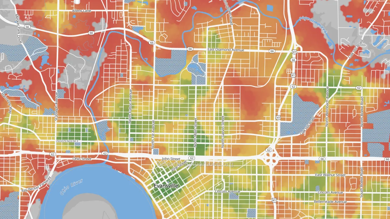 Walk Grade map of Jacobsville, Evansville, IN, walkable areas in green and car-dependent areas in red