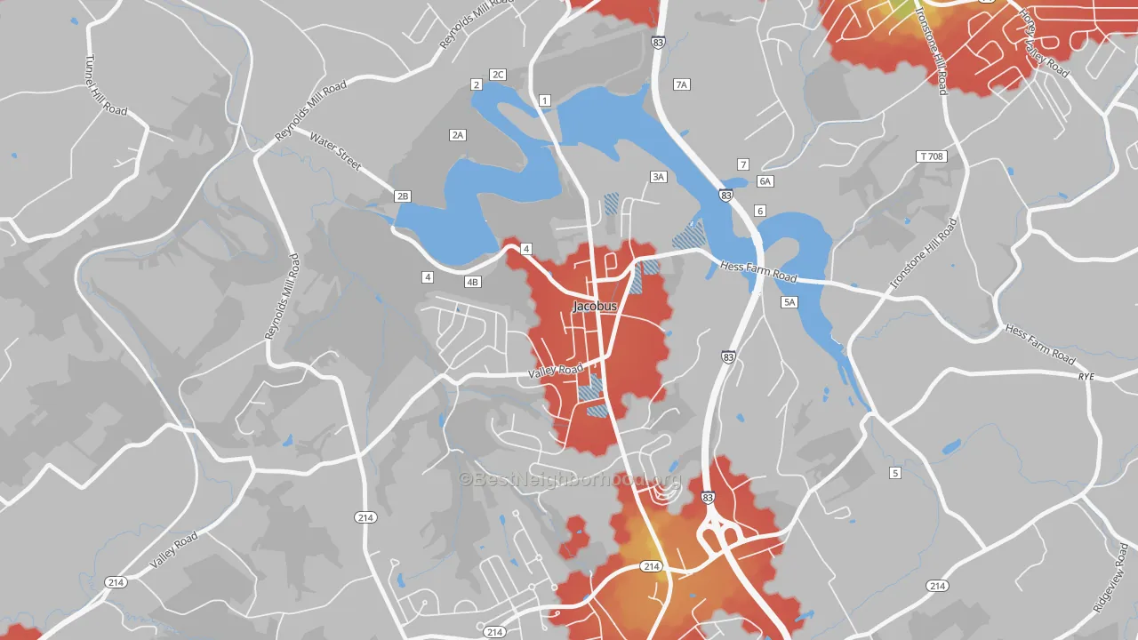 Walk Grade map of Jacobus, PA, walkable areas in green and car-dependent areas in red