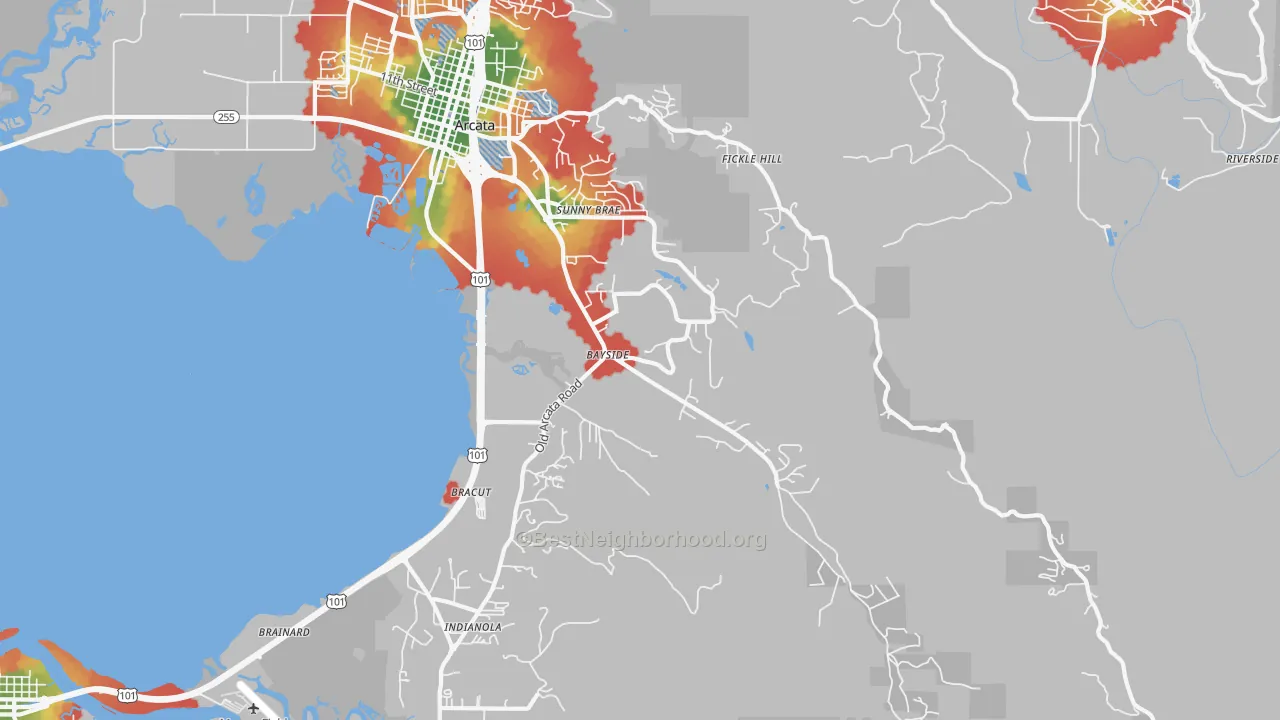 Walk Grade map of Jacoby Creek, Arcata, CA, walkable areas in green and car-dependent areas in red