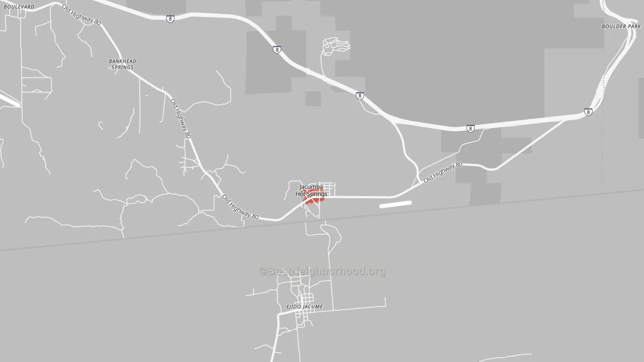 Walk Grade map of Jacumba, CA, walkable areas in green and car-dependent areas in red