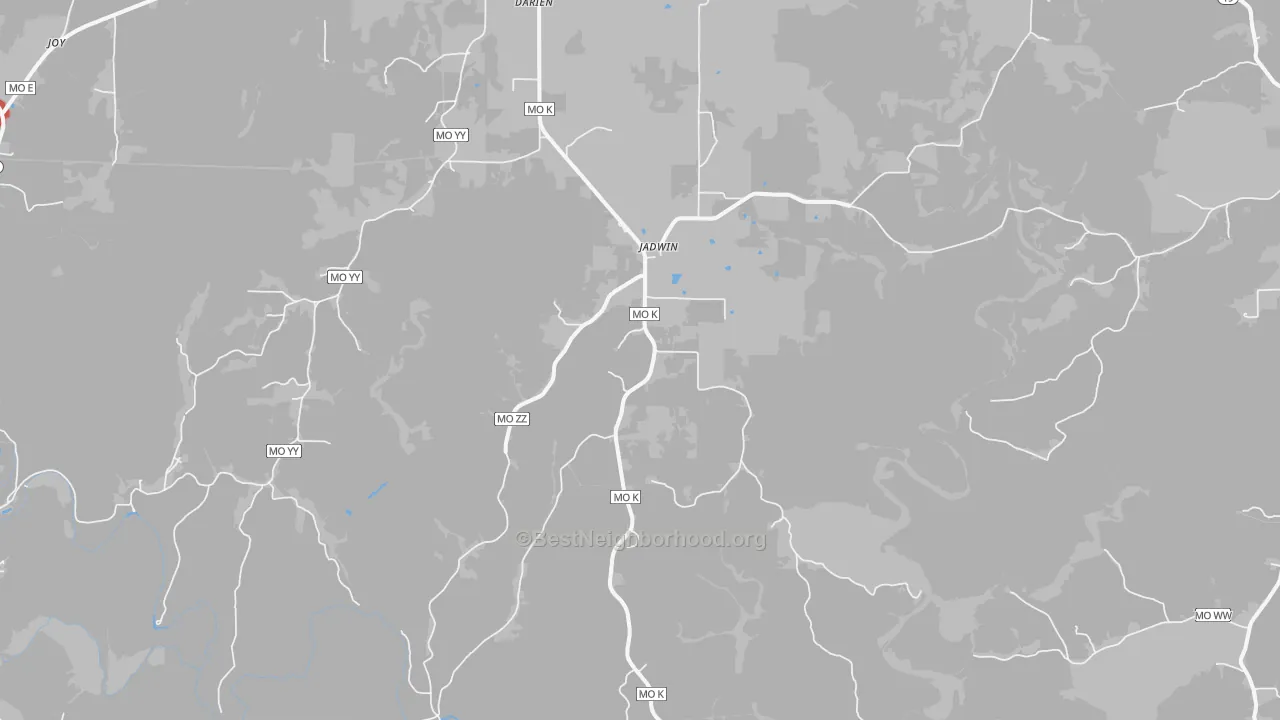 Walk Grade map of Jadwin, MO, walkable areas in green and car-dependent areas in red