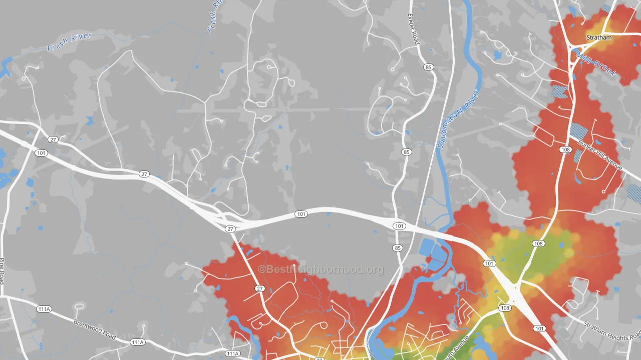 Walk Grade map of Jady Hill, NH, walkable areas in green and car-dependent areas in red