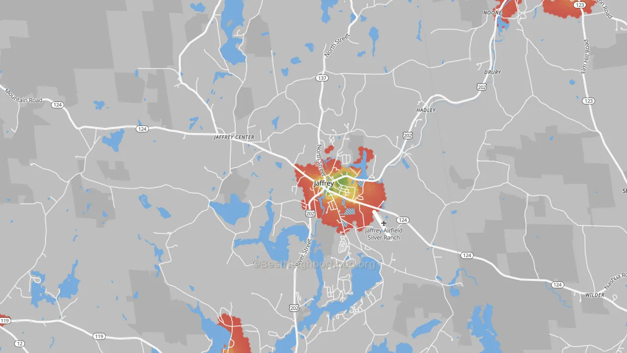 Walk Grade map of Jaffrey, NH, walkable areas in green and car-dependent areas in red