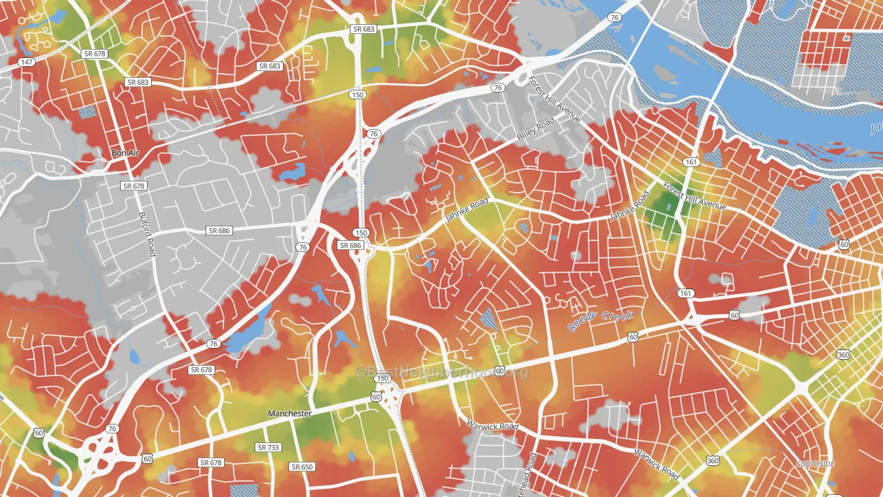 Walk Grade map of Jahnke, Richmond, VA, walkable areas in green and car-dependent areas in red