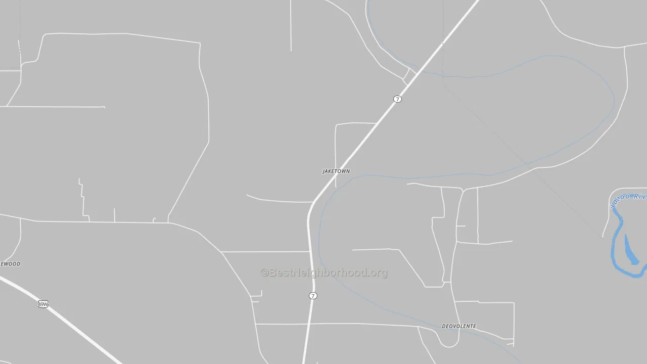 Walk Grade map of Jaketown, MS, walkable areas in green and car-dependent areas in red