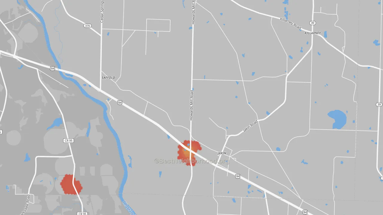 Walk Grade map of Jakin, GA, walkable areas in green and car-dependent areas in red