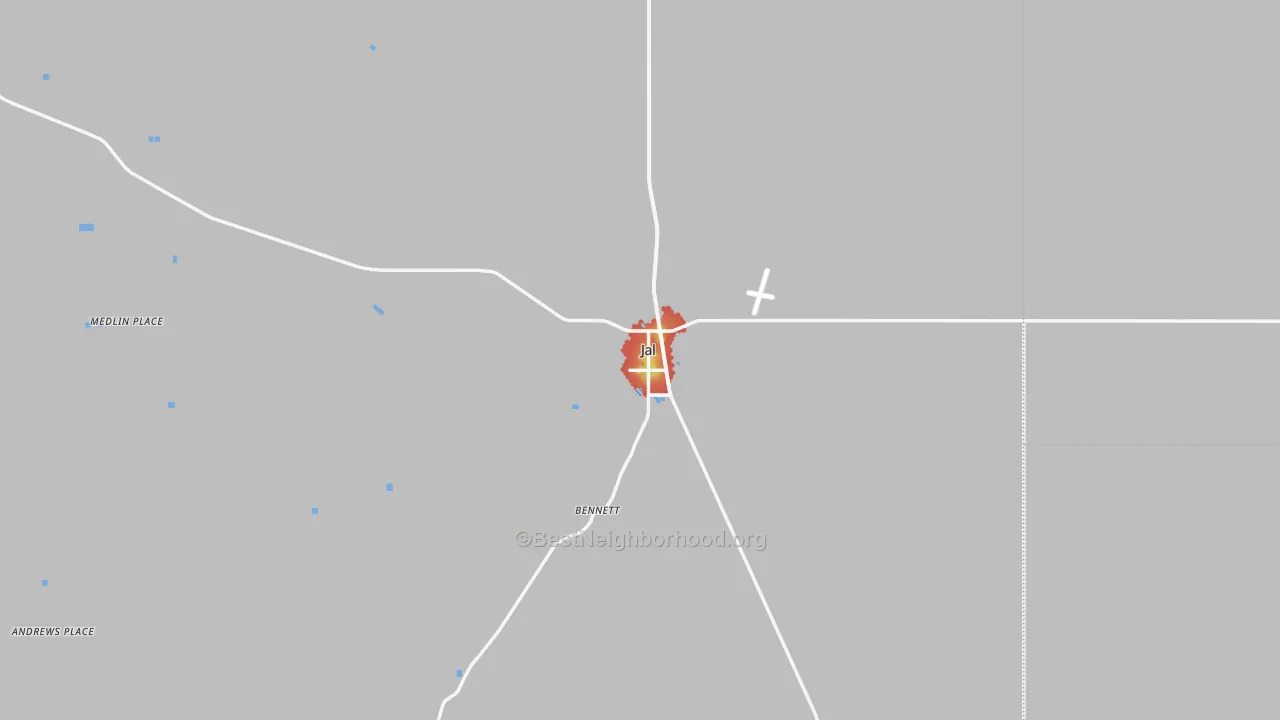 Walk Grade map of Jal, NM, walkable areas in green and car-dependent areas in red