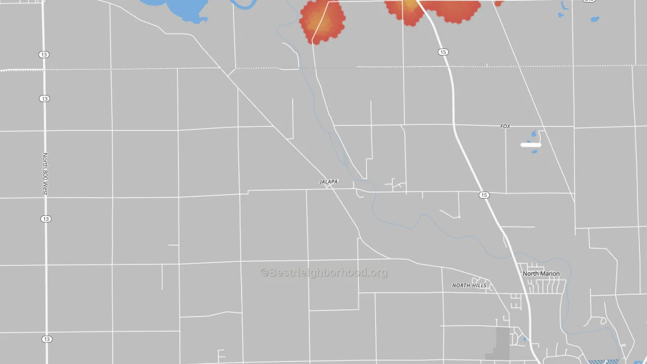 Walk Grade map of Jalapa, IN, walkable areas in green and car-dependent areas in red