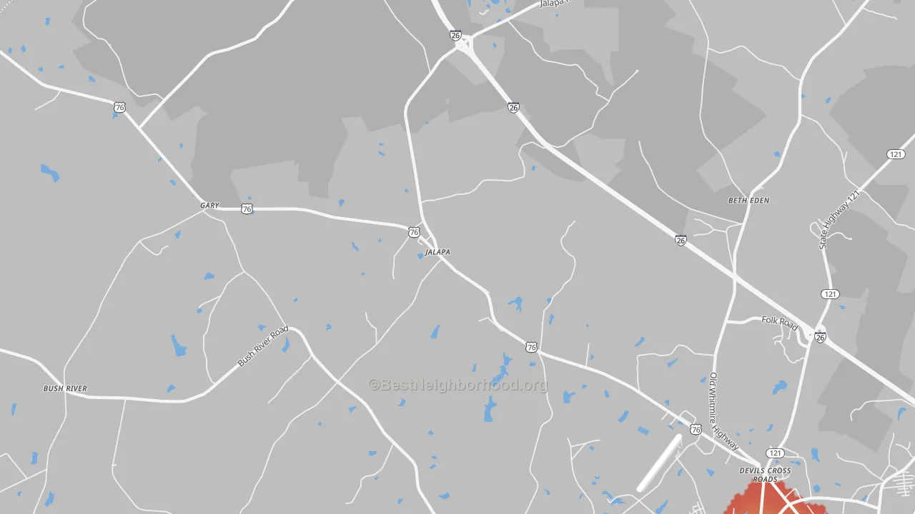 Walk Grade map of Jalapa, SC, walkable areas in green and car-dependent areas in red